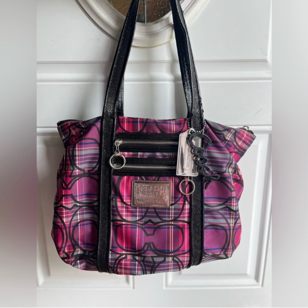 COACH POPPY PURPLE AND PINK PLAID TOTE